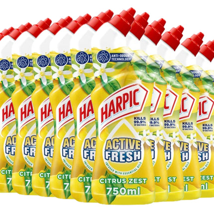Harpic Active Fresh Toilet Cleaning Gel, Citrus Zest , Pack 12 x 750 ml, Infused with Essential Oils, Kills 99.9% of Bacteria, Toilet Cleaner