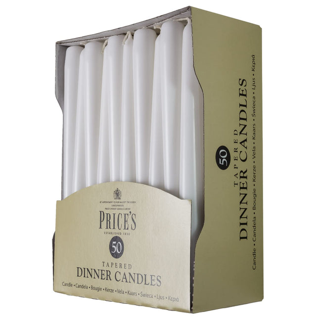 Price's Candles Tapered Dinner Candles White Unscented Wax Pack of 50 | 7 Hour Burn Time Elegant Long Candles for Home Decor, Events, Celebrations & Dining