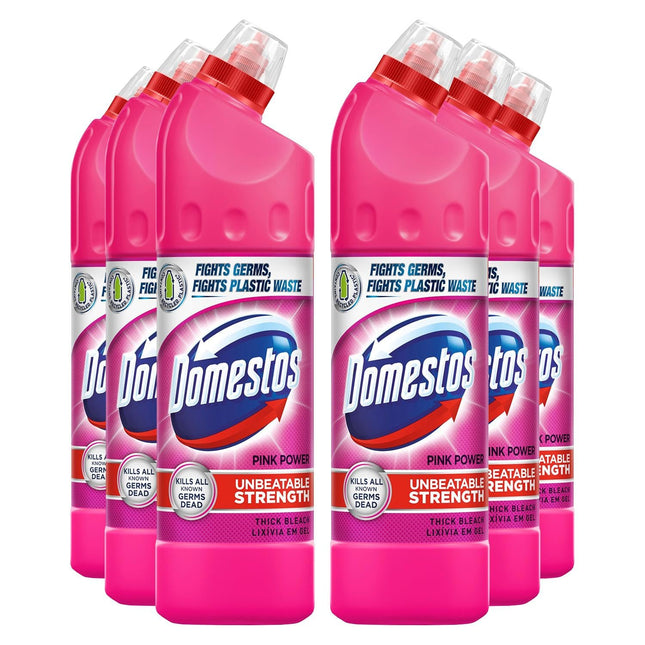 Domestos Thick Bleach Pink Power Multi-Purpose Disinfectant Anti-Bacterial Surface Cleaner Gel Limescale Remover for Toilet, Bathroom and Kitchen, 750ml (Buy 6)