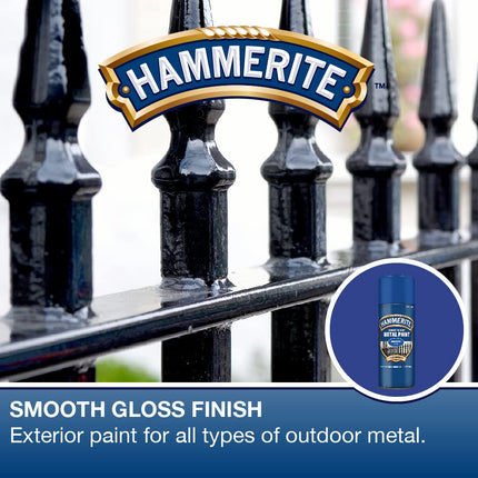 Hammerite Spray Paint for Metal. Direct to Rust Exterior Blue Metal Paint, Smooth Finish. Corrosion Resistant Blue Gloss Paint and Rust Remover, 8 Year Protection - 400ml Aerosol 0.5 SqM Coverage