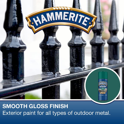Hammerite Spray Paint for Metal. Direct to Rust Exterior Dark Green Metal Paint, Smooth Finish. Corrosion Resistant Gloss Paint and Rust Remover, 8 Year Protection - 400ml Aerosol 0.5 SqM Coverage