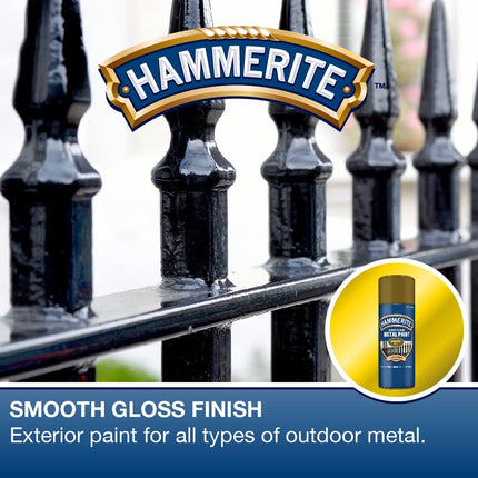 Hammerite Spray Paint for Metal. Direct to Rust Exterior Gold Metal Paint, Smooth Finish. Corrosion Resistant Gold Gloss Paint and Rust Remover, 8 Year Protection - 400ml Aerosol 0.5 SqM Coverage