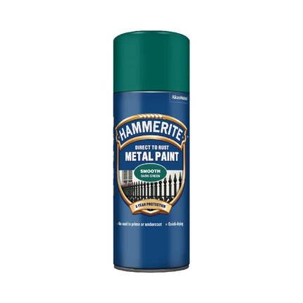 Hammerite Spray Paint for Metal. Direct to Rust Exterior Dark Green Metal Paint, Smooth Finish. Corrosion Resistant Gloss Paint and Rust Remover, 8 Year Protection - 400ml Aerosol 0.5 SqM Coverage