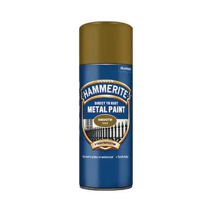 Hammerite Spray Paint for Metal. Direct to Rust Exterior Gold Metal Paint, Smooth Finish. Corrosion Resistant Gold Gloss Paint and Rust Remover, 8 Year Protection - 400ml Aerosol 0.5 SqM Coverage