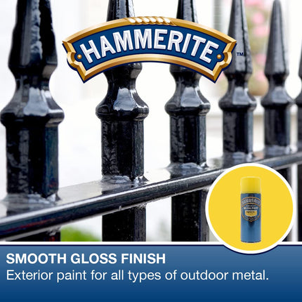 Hammerite Spray Paint for Metal. Direct to Rust Exterior Yellow Metal Paint, Smooth Finish. Corrosion Resistant Yellow Gloss Paint and Rust Remover, 8 Year Protection - 400ml Aerosol 0.5 SqM Coverage