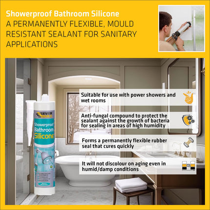 Everbuild Showerproof Bathroom Silicone Sealant – Permanently Flexible – Anti-Fungal Formula – Quick Curing – Waterproof – Clear – 280ml
