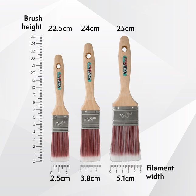 Axus Decor Super Smooth Brush Set (Red Series) For All Paints, Unvarnished, Hardwood, Beaver Tail handle, Rust-Resistant Stainless Steel Ferrule, Synthetic Filaments - Set Of 3 (1",1.5",2")