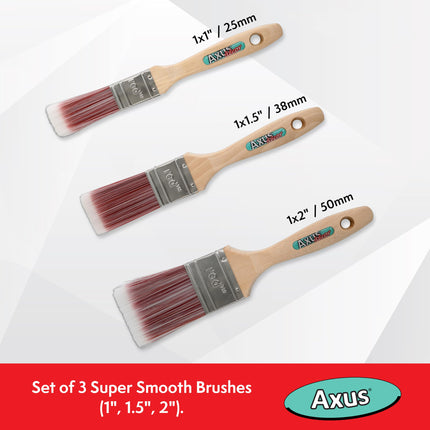 Axus Decor Super Smooth Brush Set (Red Series) For All Paints, Unvarnished, Hardwood, Beaver Tail handle, Rust-Resistant Stainless Steel Ferrule, Synthetic Filaments - Set Of 3 (1",1.5",2")
