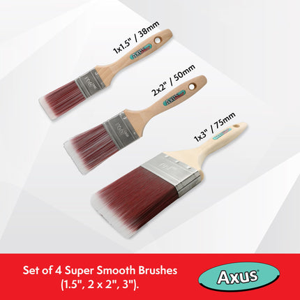 Axus Decor Super Smooth Brush Set (Red Series) Paint Brush For All Paints, Hardwood, Beaver Tail handle, Rust-Resistant Stainless Steel Ferrule, Synthetic Filaments - Set Of 4 (1.5",2x2",3")