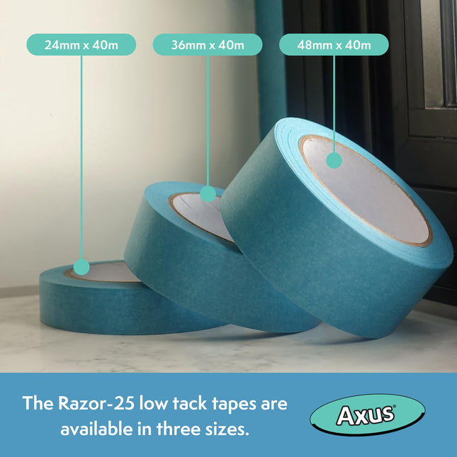 Axus Decor Razor-25 Low Tack Masking Tape - 24mm x 40m - Low Tack Tape For Recently Painted Surfaces, Residue Free Removal, For Painting Decoration & DIY Projects, Blue
