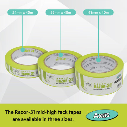Axus Decor Razor-31 Mid High Tack Masking Tape - 24mm x 40m - Painting Tape For Surfaces and Carpet, Residue Free Removal, For Painting Decoration & DIY Projects, Lime Green