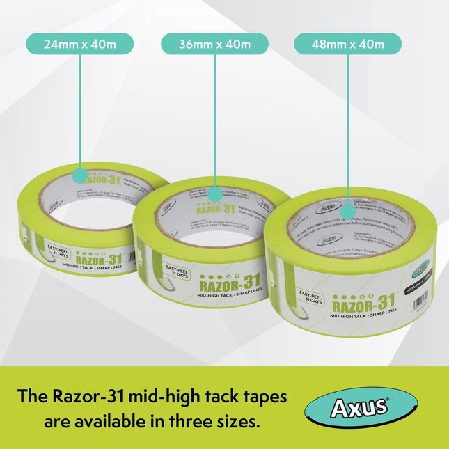 Axus Decor Razor-31 Mid High Tack Masking Tape - 24mm x 40m - Painting Tape For Surfaces and Carpet, Residue Free Removal, For Painting Decoration & DIY Projects, Lime Green