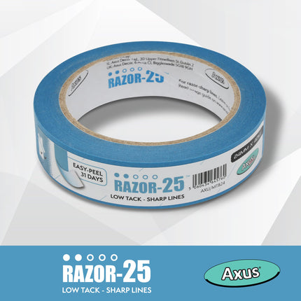 Axus Decor Razor-25 Low Tack Masking Tape - 24mm x 40m - Low Tack Tape For Recently Painted Surfaces, Residue Free Removal, For Painting Decoration & DIY Projects, Blue