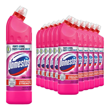 Domestos Thick Bleach Pink Power Multi-Purpose Disinfectant Anti-Bacterial Surface Cleaner Gel Limescale Remover for Toilet, Bathroom and Kitchen, 750ml (Buy 12)