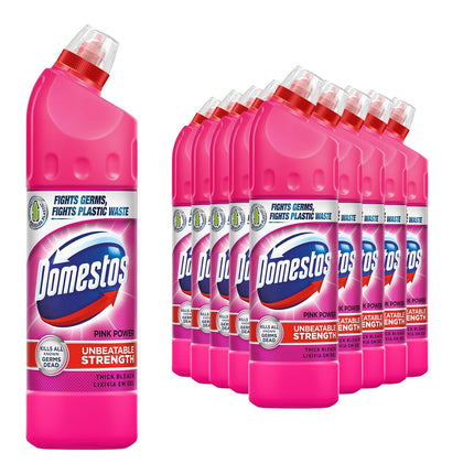 Domestos Thick Bleach Pink Power Multi-Purpose Disinfectant Anti-Bacterial Surface Cleaner Gel Limescale Remover for Toilet, Bathroom and Kitchen, 750ml (Buy 10)