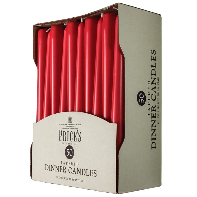 Price's Candles Tapered Dinner Candles Red Unscented Wax Pack of 50 | 7 Hour Burn Time Elegant Long Candles for Home Decor, Events, Celebrations & Dining
