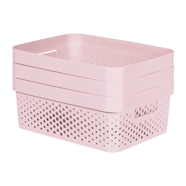 Curver Infinity Dots Set of 3 Rectangular Storage Baskets, 100% Recycled Resin, Nestable & Multifunctional, 11 Litres, Pink