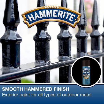 Hammerite Spray Paint for Metal. Direct to Rust Exterior Black Metal Paint, Hammered Finish. Corrosion Resistant Black Paint and Rust Remover, 8 Year Protection - 400ml Aerosol 0.5 SqM Coverage