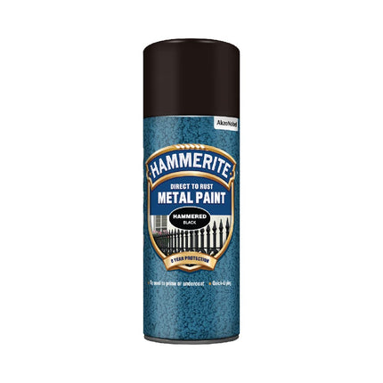 Hammerite Spray Paint for Metal. Direct to Rust Exterior Black Metal Paint, Hammered Finish. Corrosion Resistant Black Paint and Rust Remover, 8 Year Protection - 400ml Aerosol 0.5 SqM Coverage