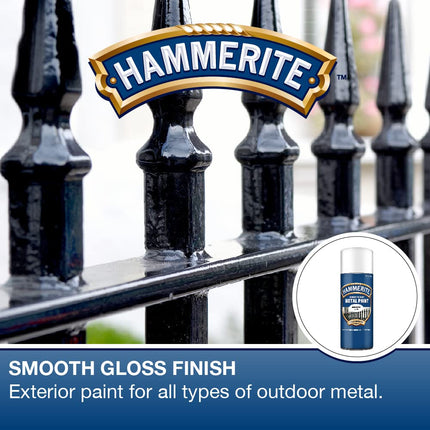 Hammerite Spray Paint for Metal. Direct to Rust Exterior White Metal Paint, Smooth Finish. Corrosion Resistant White Gloss Paint and Rust Remover, 8 Year Protection - 400ml Aerosol 0.5 SqM Coverage