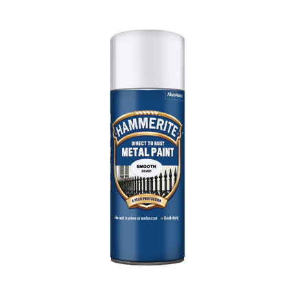 Hammerite Spray Paint for Metal. Direct to Rust Exterior Silver Metal Paint, Smooth Finish. Corrosion Resistant Silver Gloss Paint and Rust Remover, 8 Year Protection - 400ml Aerosol 0.5 SqM Coverage