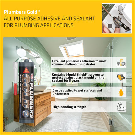 Everbuild Plumbers Gold | Excellent Primerless Adhesion with Mould Shield Silicone Sealant - Can be Applied to Wet Surface and Under Water - Clear - 290 ml