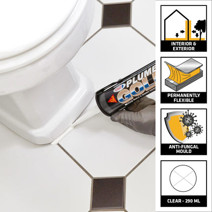 Everbuild Plumbers Gold | Excellent Primerless Adhesion with Mould Shield Silicone Sealant - Can be Applied to Wet Surface and Under Water - Clear - 290 ml