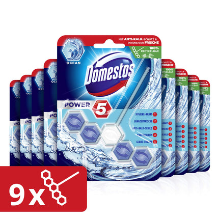 Domestos Power 5 Ocean Toilet Rim Block, a Pack of 9 (9 x 55g)