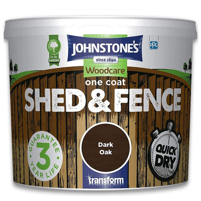 Johnstones Woodcare One Coat Shed & Fence Paint Garden Outdoor Fencing UV Protection Quick Dry 3 Year Life (9L - Dark Oak)