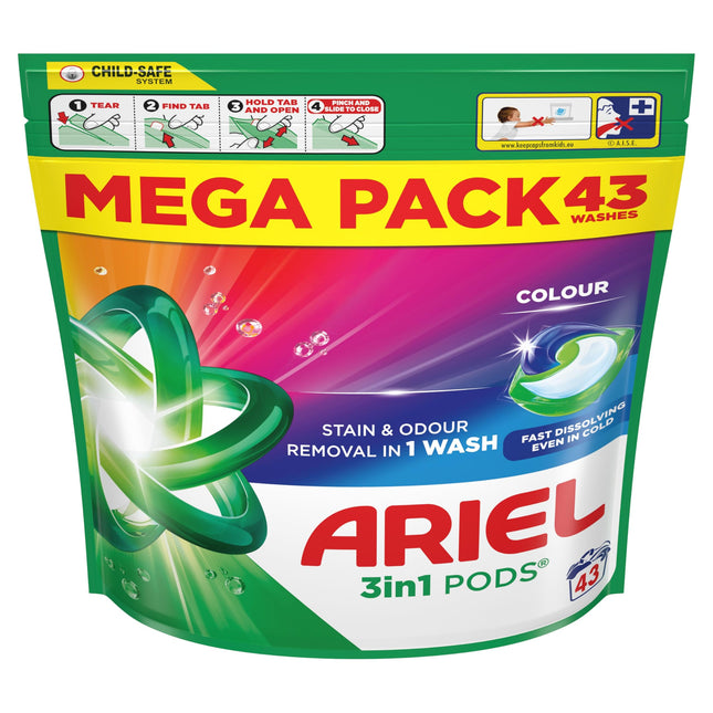 Ariel 3in1 PODS®, Washing Liquid Laundry Detergent Capsules 86 Washes (43 x 2), Colour, Stain & Odour Removal in 1 Wash, Fast Dissolving Even In Cold