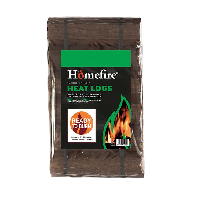 Homefire 100% Recycled Wood Heatlogs, 12 high-energy, ultra-dry logs, Suitable for wood burners, multi-fuel stoves, open fires, chimeneas