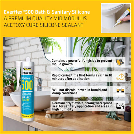 Everbuild Everflex 500 Bath And Sanitary Silicone – Interior And Exterior Application – Anti-Fungal – Quick Curing – White – 295ml Cartridge