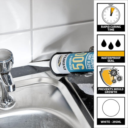 Everbuild Everflex 500 Bath And Sanitary Silicone – Interior And Exterior Application – Anti-Fungal – Quick Curing – White – 295ml Cartridge