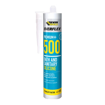 Everbuild Everflex 500 Bath And Sanitary Silicone – Interior And Exterior Application – Anti-Fungal – Quick Curing – White – 295ml Cartridge