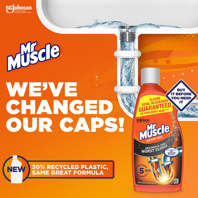 Mr Muscle Drain Unblocker, Sink & Drain Cleaner, Fast Acting Heavy Duty Drain Gel, Dissolves Clogs, Works 3x Better Than Bleach, Safe for All Pipes, 500ml