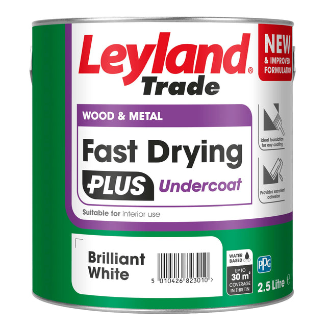 Leyland Trade – Wood & Metal - Fast Drying Plus - Undercoat - Brilliant White – Ideal Foundation Coating – Excellent Adhesion - 2.5L