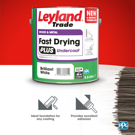 Leyland Trade – Wood & Metal - Fast Drying Plus - Undercoat - Brilliant White – Ideal Foundation Coating – Excellent Adhesion - 2.5L