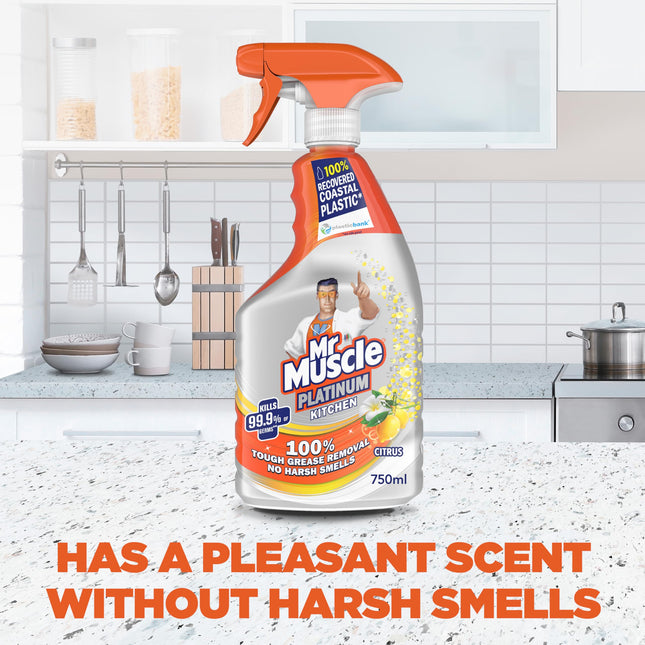 Mr Muscle Kitchen Cleaner, Platinum Antibacterial Kitchen Spray, Citrus, Pack of 6 (6 x 750 ml)