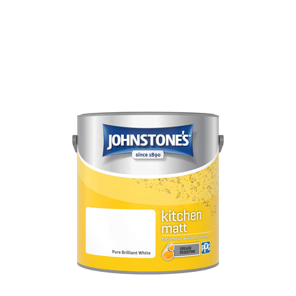 Johnstone's - Kitchen Paint - Brilliant White - Matt Finish - Grease & Stain Resistant - Suitable for Kitchen Walls & Ceilings - Highly Durable - Low Odour - 12m2 Coverage per Litre - 2.5L