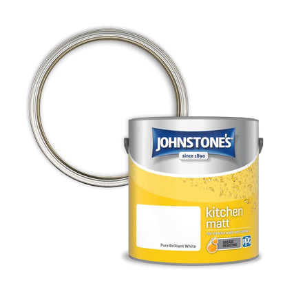 Johnstone's - Kitchen Paint - Brilliant White - Matt Finish - Grease & Stain Resistant - Suitable for Kitchen Walls & Ceilings - Highly Durable - Low Odour - 12m2 Coverage per Litre - 2.5L