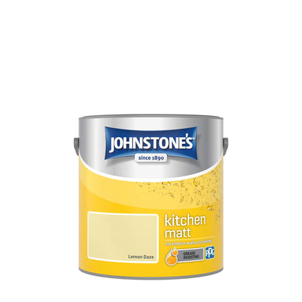 Johnstone's - Kitchen Paint - Lemon Daze - Matt Finish - Grease & Stain Resistant - Suitable for Kitchen Walls & Ceilings - Highly Durable - Low Odour - 12m2 Coverage per Litre - 2.5L