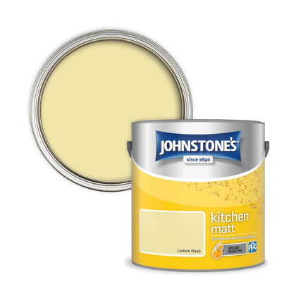 Johnstone's - Kitchen Paint - Lemon Daze - Matt Finish - Grease & Stain Resistant - Suitable for Kitchen Walls & Ceilings - Highly Durable - Low Odour - 12m2 Coverage per Litre - 2.5L